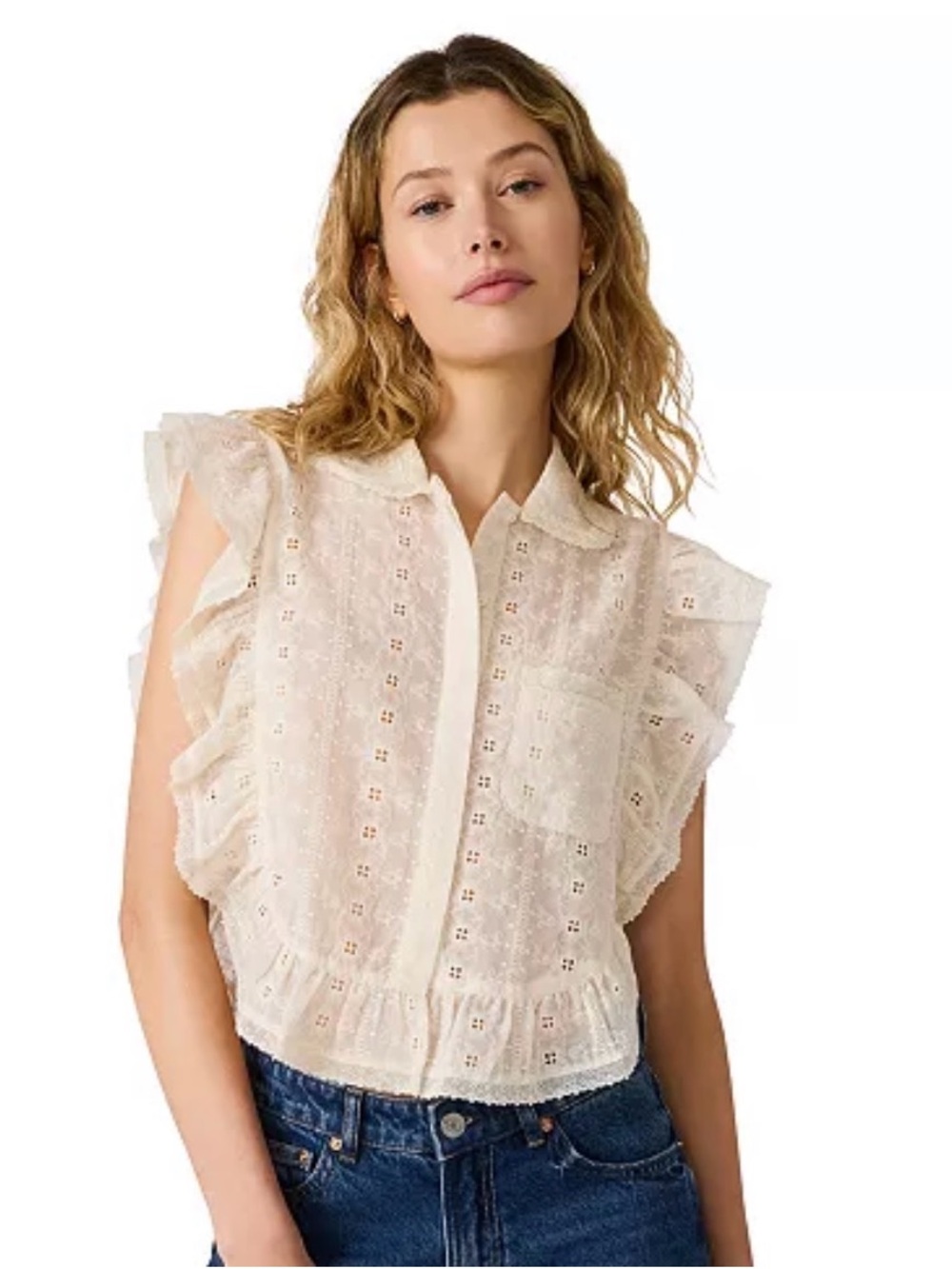 Steve Madden Cream Eyelet Ruffle Button-Up Blouse, S, NWOT
